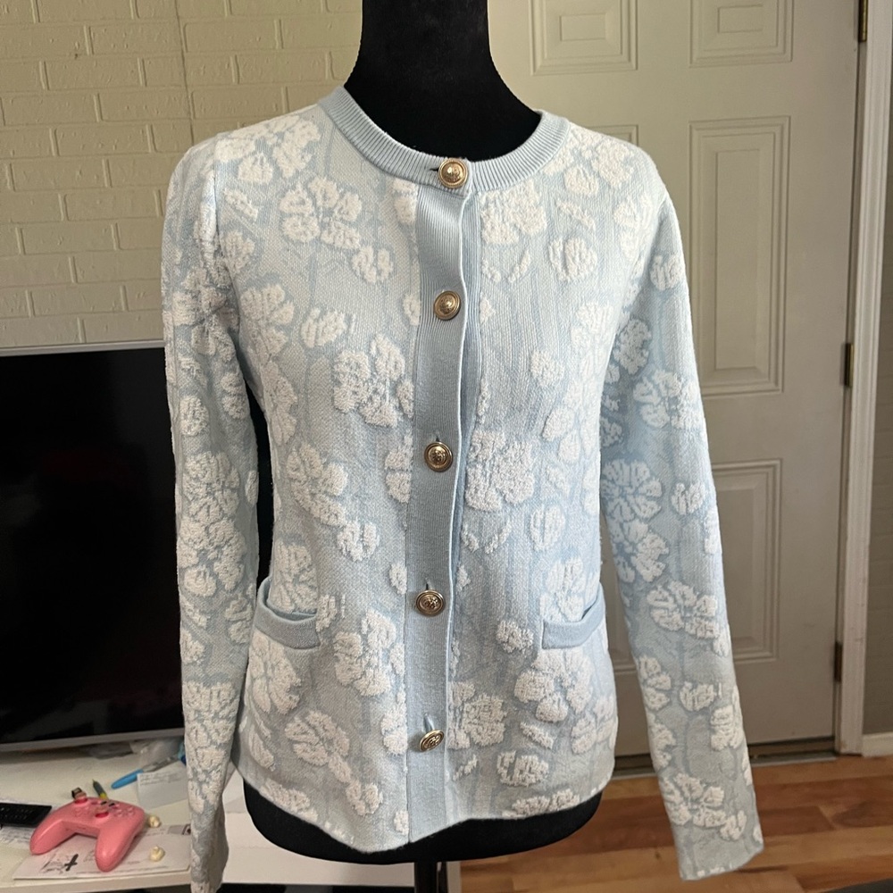 Cynthia Rowley Light‎ Blue Floral Knit Cardigan with Gold Button